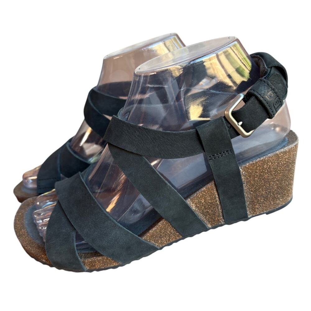 Teva Matte Black Mahonia Cork Sole Wedge Cross Strap Sandals w Buckles size 7
